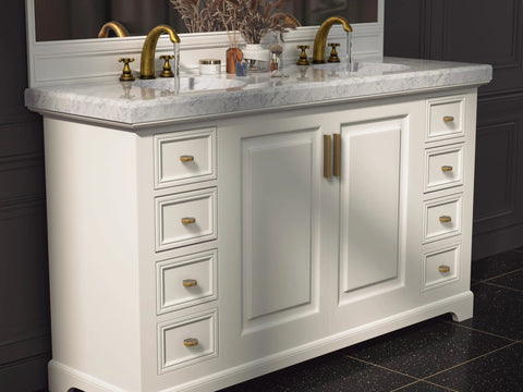 White bathroom vanity with Six Pack Antique Brass Finger Pulls for Cabinets and Drawers, solid zinc alloy hardware, vintage style handles.