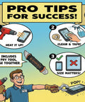 Pro tips for success infographic showing heat gun, phone cleaning, and pry tool for screen replacement with 3 in 1 iPhone repair tool.