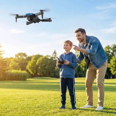 Father and son flying 1080P HD Camera Foldable Mini Drone For Adults With FPV, One Key Take Off And Landing in a park