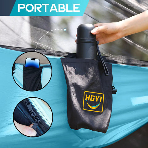 Close-up of Dope Mosquito Net Camping Hammock Double Or Single Ultra Portable With Two Tree Straps showing storage pocket with bottle.