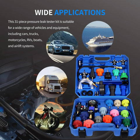 31 Piece Coolant Pressure Tester Kit With 23 Radiator Adapters And Blue Pump Gauge in blue case for universal vehicle diagnostics.