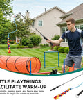 Man using Dog Agility Training Kit For Backyard And Indoor Use With Teaser Pole and orange tunnel in backyard