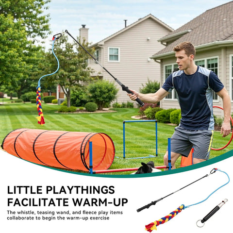 Man using Dog Agility Training Kit For Backyard And Indoor Use With Teaser Pole and orange tunnel in backyard