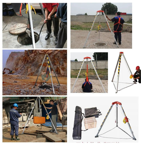 Rock Solid Confined Space Rescue Tripod Kit With Retractable Fall Arrest Harness And Heavy Duty Self Locking Winch For Vertical Roof And Manhole Lifting Jobs