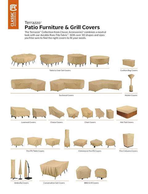 Terrazzo patio furniture and grill covers in various shapes and sizes, including sectional, loveseat, and bench covers.
