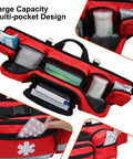 Red Outdoor Belt Bag With Big Capacity For Hiking And Camping, Durable Oxford Cloth Pouch With Adjustable Strap, showcasing multi-pocket design with various items visible inside.