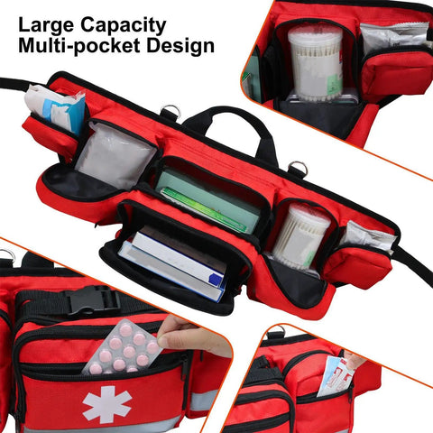 Red Outdoor Belt Bag With Big Capacity For Hiking And Camping, Durable Oxford Cloth Pouch With Adjustable Strap, showcasing multi-pocket design with various items visible inside.