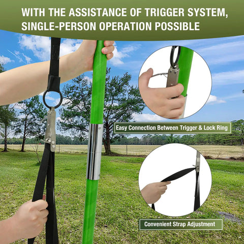 Arborist Slingshot Throw Line Rope Launcher With Trigger For Adults, showing strap adjustment and lock ring connection outdoors.