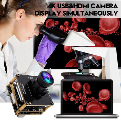 4K USB HDMI Camera Module With 120 Degree Wide Angle Lens 4K 30fps PC Webcam For Laser Engravers Lightburn shown on laptop and microscope