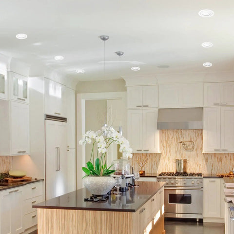 Ultra Slim 4-Inch Swivel LED Recessed Lighting Kit 4 Pack With 50W Equivalent 9W Integrated LED 540 Lumens 3000K Soft White White Finish IC Wet Rated Energy Star Push And Click Quick Connects
