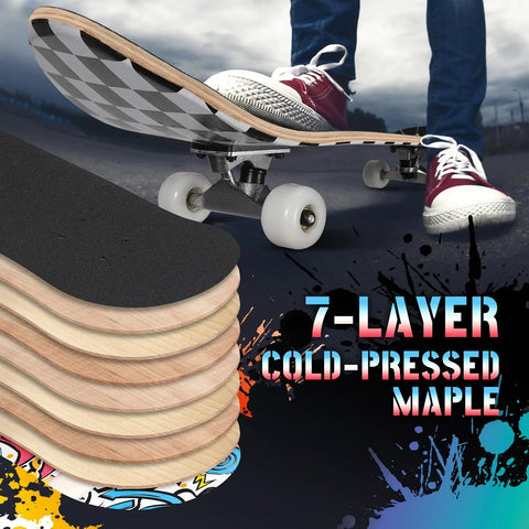 Beginner Friendly 31x8 Skateboard Deck With Double Kick And 7 Layer Canadian Maple, Dope Concave, Checkerboard Style
