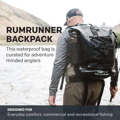 Rum Runner Gage Tech Waterproof Backpack For Fishing And Outdoors Angler Gear Carrier, worn by person by river.