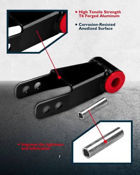 Adjustable Rear Leveling And Lowering Shackle Drop Kit LLK038 for Cherokee XJ 1984-2001 close-up view of steel components