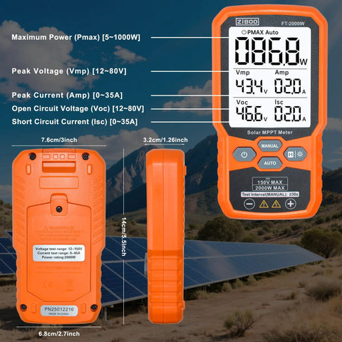 No Nonsense Solar Panel Tester Meter Gauges Voc And Isc Up To 2000W With Backlight and data hold, showing display and design features.