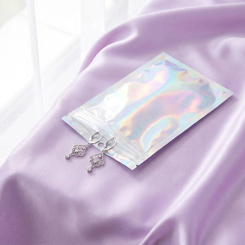 100 Pack Holographic Jewelry Bags With Clear Window Resealable Self Sealing Packaging For Jewelry Candy Snacks And Small Biz Gifts