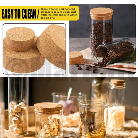 Nine Piece Cork Plugs Set In Three Tapered Sizes 28, 34, 48 Natural Soft Wood Bottle Stoppers shown sealing glass jars