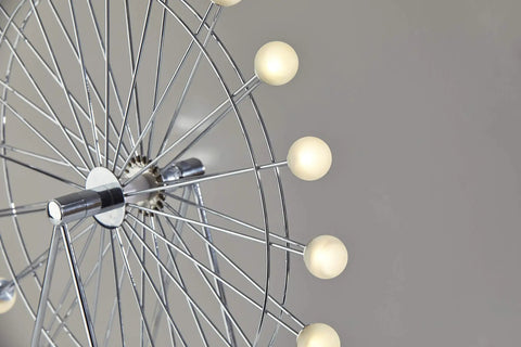 Close-up of Coney Large LED Ferris Wheel Desk Lamp With Chrome Finish, Rotating Frosted Globe Accent Light, spokes and frosted globes