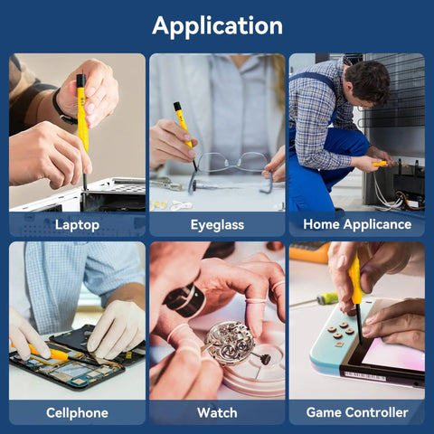 Applications of Travel Ready All In One Magnetic Eyeglasses Repair Kit for fixing laptop, eyeglasses, home appliance, cellphone, watch, game controller.