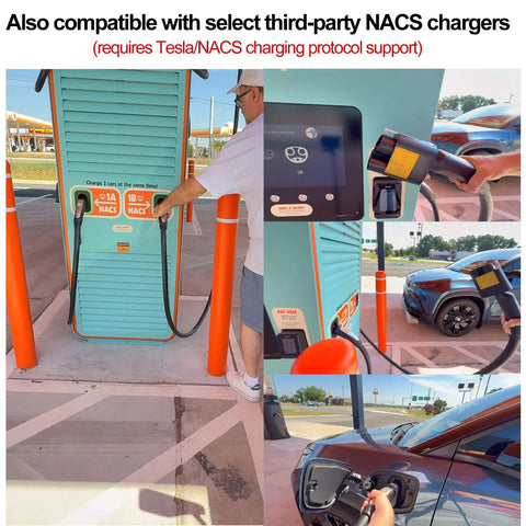 Charging station with multiple NACS connectors for electric vehicles, showcasing seamless supercharger access.