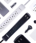 Six-Outlet Surge Protector Power Strip With 10-Foot Braided Cord And Flat Plug, 1080 Joules, ETL Listed, black version displayed.