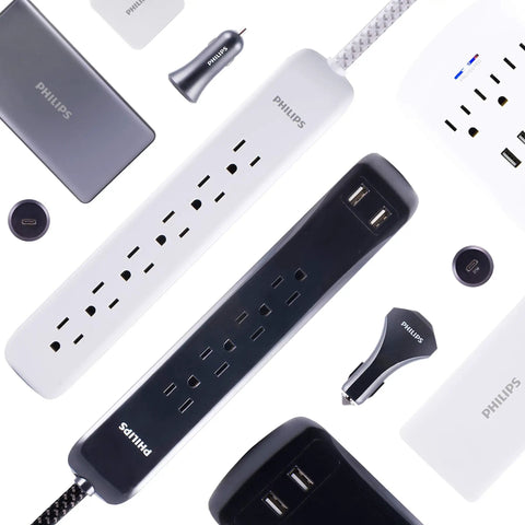 Six-Outlet Surge Protector Power Strip With 10-Foot Braided Cord And Flat Plug, 1080 Joules, ETL Listed, black version displayed.