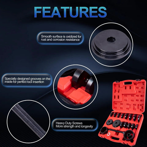 Front Wheel Drive Bearing Adapters Puller Set 23 Piece with bushing and driver kit features for auto mechanics