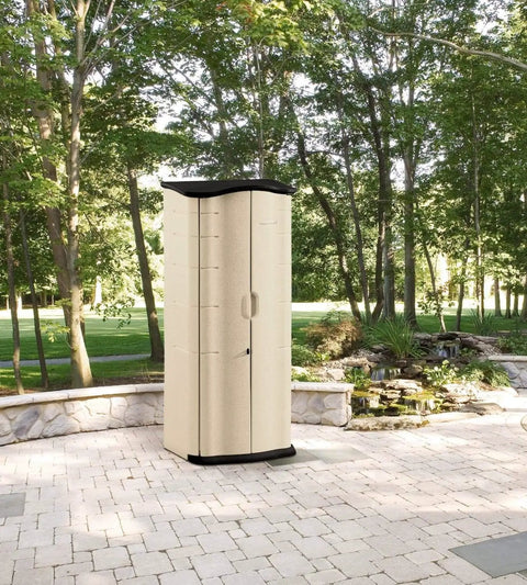 Compact Outdoor Resin Storage Shed With Floor For Home And Backyard Weather Resistant Small Footprint in a garden setting