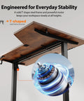 Electric L Shaped Standing Desk With Memory Presets, 55 Inch Long, T-shaped steel frame for stability, rustic brown top