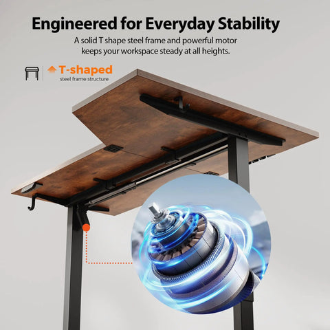 Electric L Shaped Standing Desk With Memory Presets, 55 Inch Long, T-shaped steel frame for stability, rustic brown top