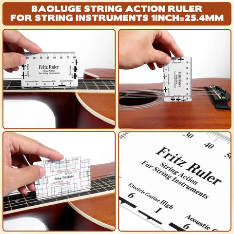 Person using string action ruler from Guitar Nut File Set 11 Pcs Luthier Tools Kit With Nine Radius Gauges And One String Action Gauge Ruler Needle File For Guitars And Bass Setup Repair Tool Bundle For Pros And Hobbyists to measure guitar.