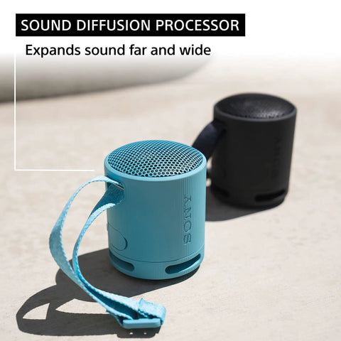 Two XB100 Wireless Bluetooth Portable Speakers, blue and black, with deep bass, IP67 waterproof, dustproof, versatile strap, 16-hour battery life.