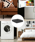 Collage of a rubber pad used under appliances with images of sofa, fridge, washer, and bed. Eight Pack Mini Split Anti Vibration Rubber Pads