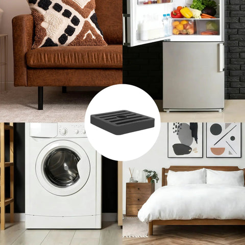 Collage of a rubber pad used under appliances with images of sofa, fridge, washer, and bed. Eight Pack Mini Split Anti Vibration Rubber Pads