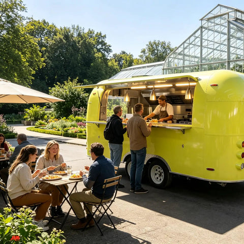 Ready Roll Yellow Food Truck For Pasta And Catering Hustle Packaged With A Full Commercial Kitchen And Private Restroom serving customers in a park.