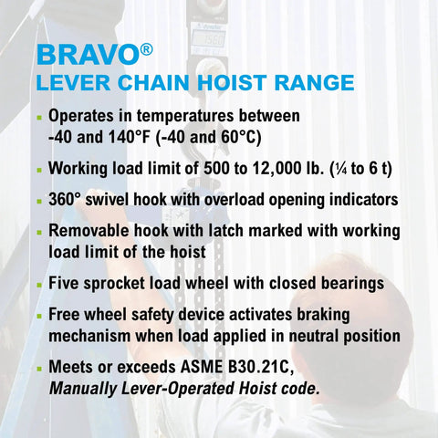 Worker operating quarter ton lever chain hoist in industrial setting, labeled ASME B30.21C compliant.