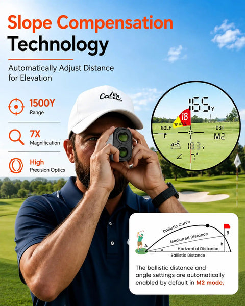 Person using Go-To Golf Rangefinder With Slope 1500 Yard Laser Rangefinder With Flag Lock Vibration 7x Magnification on golf course