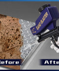Grab And Go Gravity Feed Sandblaster Gun With Slick Flow Control And Comfort Grip in use on metal surface for paint removal.