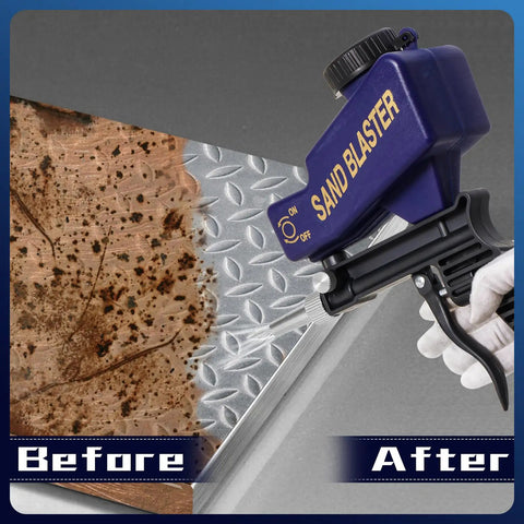 Grab And Go Gravity Feed Sandblaster Gun With Slick Flow Control And Comfort Grip in use on metal surface for paint removal.