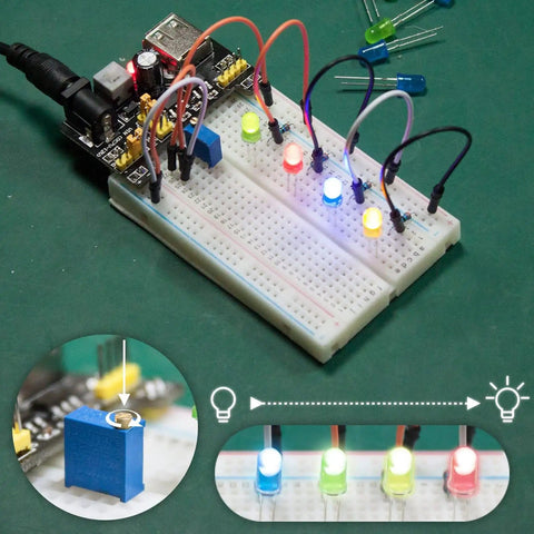 Dope Electronics Do It Yourself Kit with resistors, capacitors, transistors, jumper wires, and a power module connected on a breadboard.