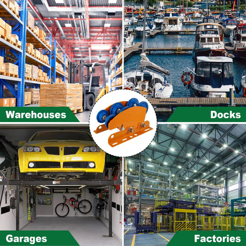Heavy Duty I-Beam Trolley For Electric Hoist 1 Ton Capacity with dual track rollers shown in warehouses, docks, garages, and factories