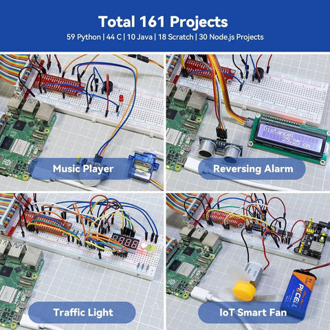 Project examples using Raphael Raspberry Pi Starter Kit For Beginners With 337 Components, illustrating music player, alarm, light, fan.