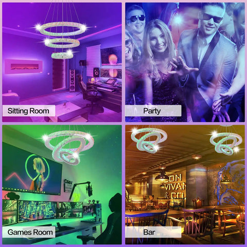 Color Changing Crystal Ring LED Pendant Chandelier With Remote Dimmer Rainbow RGB Lighting Adjustable in various room settings