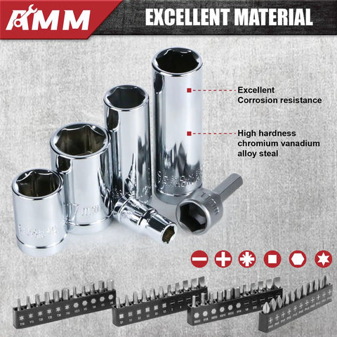 Professional Mechanics Tool Set With 1/4 Inch, 3/8 Inch And 1/2 Inch Drive Sockets, 202 Piece Kit Including Ratchets, Wrenches, Sockets And Specialty Bits