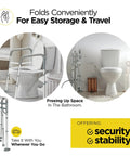 Adjustable Detachable Toilet Safety Frame With Handles near toilet, folded for easy storage, showing portability features