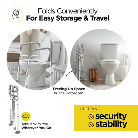 Adjustable Detachable Toilet Safety Frame With Handles near toilet, folded for easy storage, showing portability features