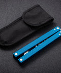 Integrated Forging Bushing System Flip Knife with T6061 Channel Handle, Dope Blue Finish, shown with black pouch