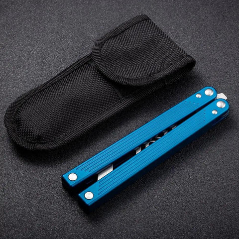 Integrated Forging Bushing System Flip Knife with T6061 Channel Handle, Dope Blue Finish, shown with black pouch