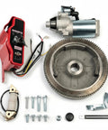 Pull To Electric Start Conversion Kit For GX340 GX390 Engines, components displayed with starter motor, flywheel, and switch
