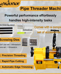 Heavy Duty Electric Pipe Threading Machine And Cutter 220V 750W Badass Pro Workhorse Handling One Half To Two Inch Steel Copper Pipes With Npt Bspt Dies For Plumbing Gas Jobs showing yellow pipe threader with three-leg stand and accessories.
