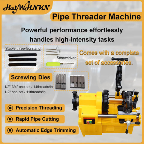 Heavy Duty Electric Pipe Threading Machine And Cutter 220V 750W Badass Pro Workhorse Handling One Half To Two Inch Steel Copper Pipes With Npt Bspt Dies For Plumbing Gas Jobs showing yellow pipe threader with three-leg stand and accessories.